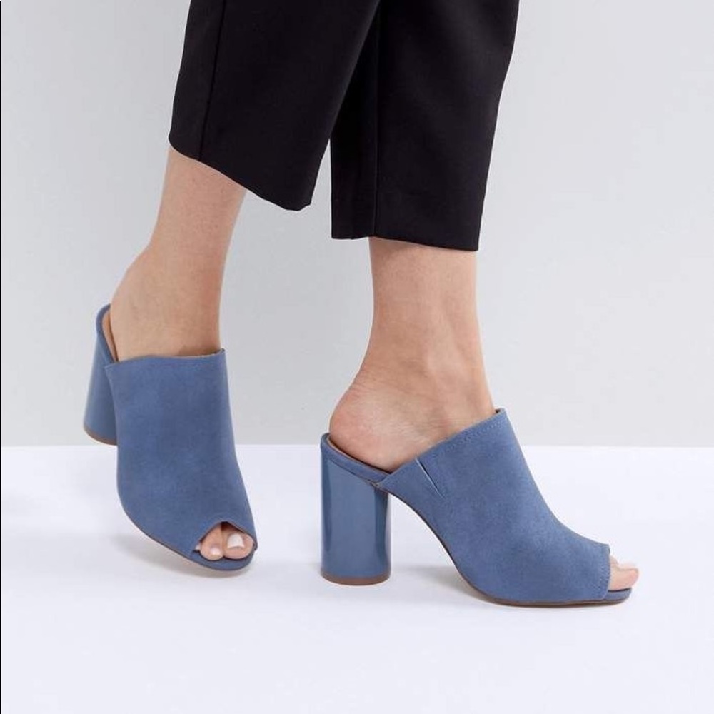 Blue Suede Peep-Toe Block Heel Mules
